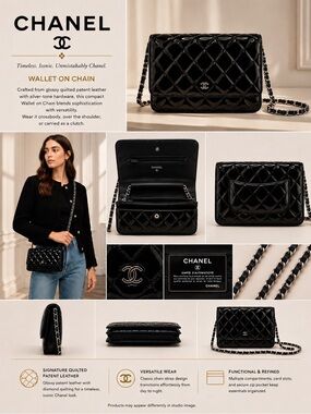 #R38 CHANEL Black Quilted Patent Mini Wallet on Chain